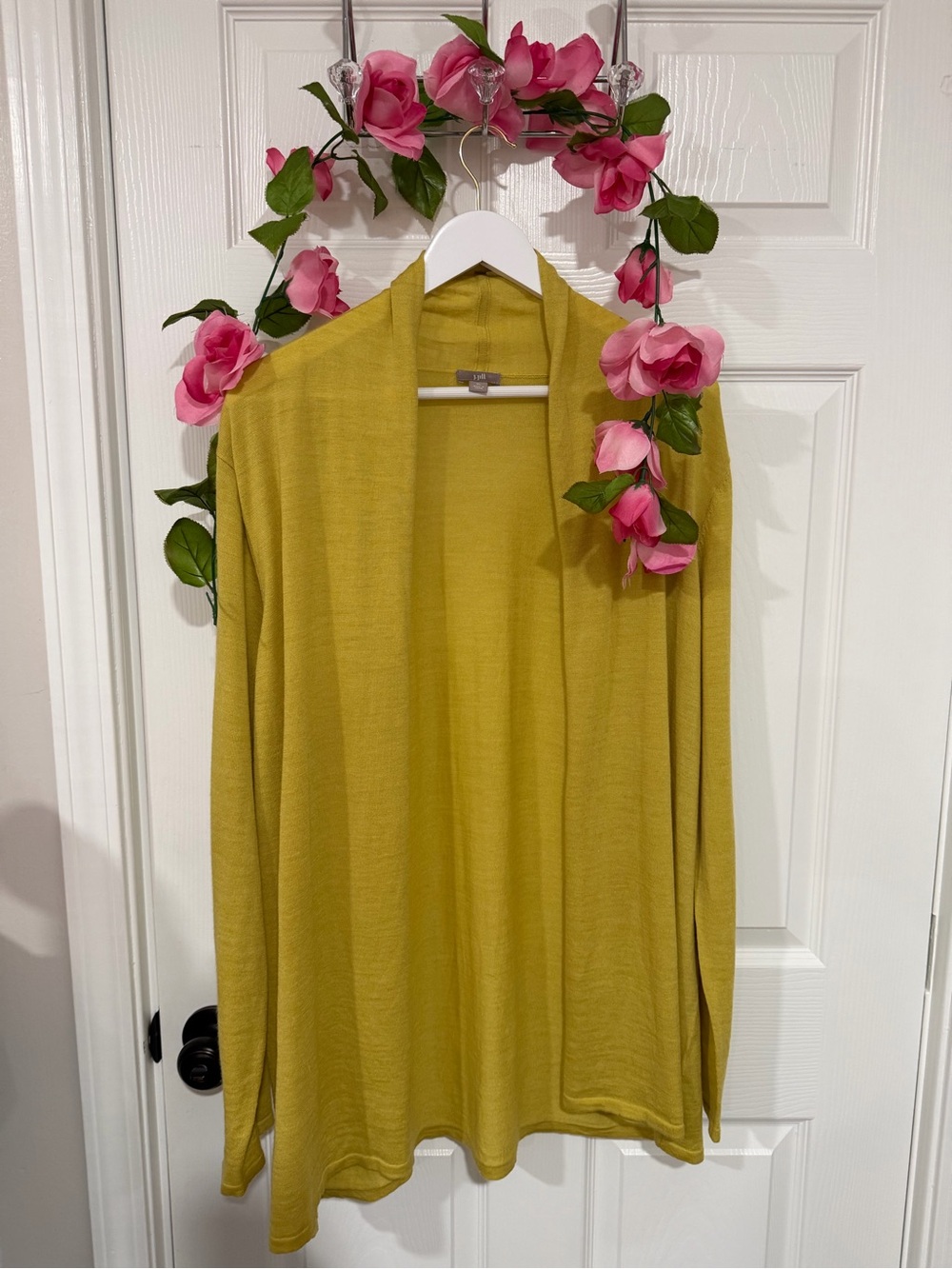 J.Jill 100% Merino Wool Long Open Front Cardigan XL Chartreuse Mustard Yellow